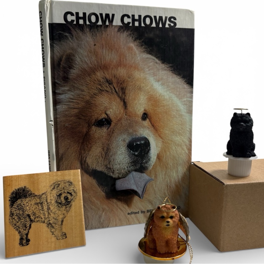 Chow Chow Bundle Vintage Hardcover Book New Rubber Stamp & Chow Chow Ornaments